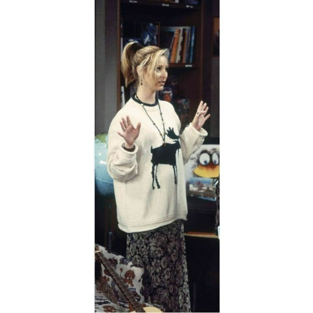 ALT Phoebe Buffay Friends Pullover Sweater Women Sz Medium Gray White Moose Y2K